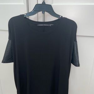 Black round neck top with faux leather half sleeve